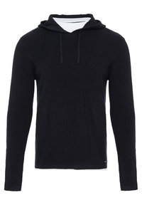 Felpa nera a maglia con maniche lunghe, particolarità con cordino e superficie testurizzata. Fodera interna bianca e vestibilità comoda.