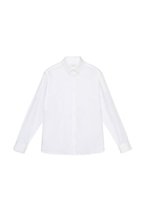 Camicia formale da uomo bianca a maniche lunghe con colletto e bottoni frontali, mostrata distesa su sfondo bianco.