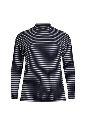 Dlouhý rukáv top v černobílých horizontálních pruzích, s krátkým stojáčkem a ribbed texturou. Materiál vypadá měkký a elastický.
