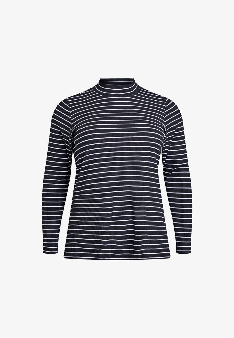 Långärmad topp i svart och vitt med horisontella ränder, med en hög krage och ribbad textur. Materialet verkar mjukt och elastiskt.