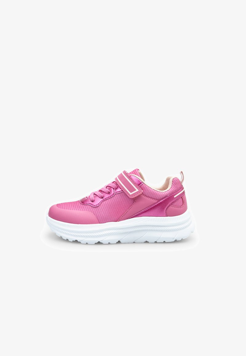 Pink athletic shoe with mesh and synthetic upper, featuring a Velcro strap, textured design, and a thick white sole.