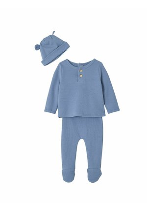 Blue waffle-knit baby outfit set includes long-sleeve top with two buttons, footed pants, and matching hat with small ear details.