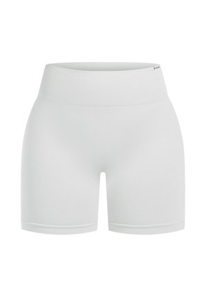Shorts deportivos blancos con una cinturilla ancha y acanalada. Tela suave y elástica con un diseño ajustado y puños rematados. Sencillos y minimalistas.