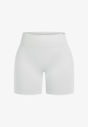 Shorts deportivos blancos con una cinturilla ancha y acanalada. Tela suave y elástica con un diseño ajustado y puños rematados. Sencillos y minimalistas.