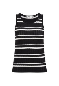 Svart- och vitrandig ärmlös topp med ribbat mönster, rund halsringning och jämna horisontella linjer.