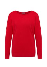 Rode gebreide trui met een wijde halslijn, lange mouwen, geribbelde manchetten en zoom; gladde textuur met een effen kleur, zonder patronen of accenten.