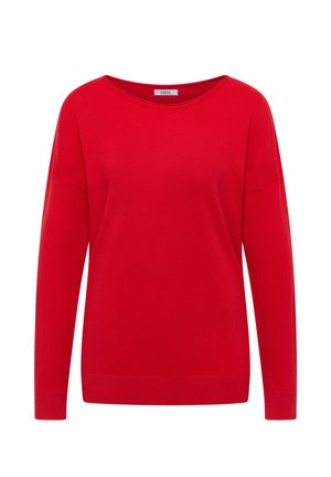Red knitted sweater with a wide neckline, long sleeves, ribbed cuffs, and hem; smooth texture with a solid color, no patterns or accents.