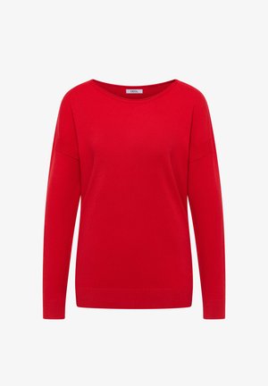 Red knitted sweater with a wide neckline, long sleeves, ribbed cuffs, and hem; smooth texture with a solid color, no patterns or accents.