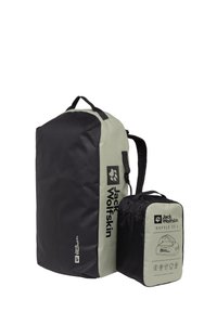 Black and light green duffel bags made of durable fabric. Large bag has a rectangular shape with handles; smaller bag is compact with a zip.