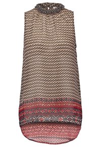 Blouse beige sans manches avec motif losange noir, encolure haute ornée et bordure géométrique rouge près de l'ourlet.