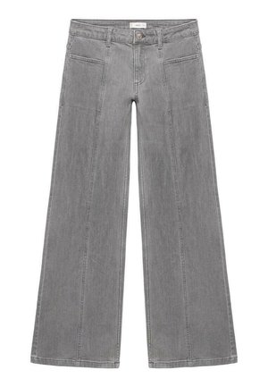Jeans a gamba larga grigi in denim, dotati di chiusura anteriore con bottone e zip, due tasche anteriori e un design con cuciture pulite.