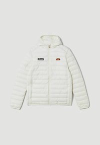 Chaqueta tipo puff blanca con capucha, textura acolchada, cierre frontal con cremallera y logotipo bordado en rojo, amarillo y negro en el pecho.