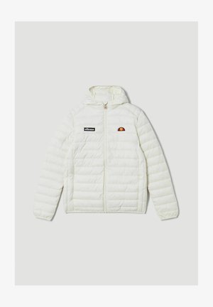 Weißer Pufferjacke mit Kapuze, gestepptem Textur, Vorderreißverschluss und gesticktem Logo in Rot, Gelb und Schwarz auf der Brust.