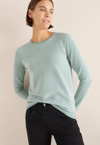 Mintgrüner langärmliger Strickpullover mit Rundhalsausschnitt und strukturiertem Muster, kombiniert mit schwarzen Jeans; taillierte Passform.