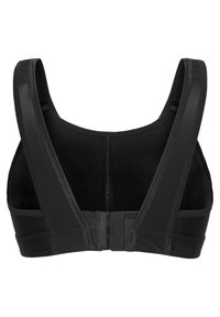 Zwarte sportbeha met brede banden, een haak-en-oogsluiting op de rug en een gladde, elastische stof met minimale stikseldetails.