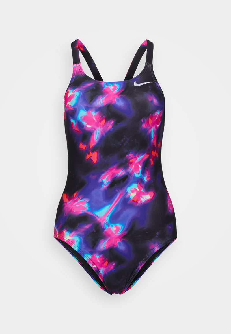 Costume intero nero con un vivace motivo astratto rosa e blu. Presenta spalline sottili e una vestibilità affusolata e confortevole.