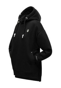 Sudadera con capucha negra, hecha de una mezcla de algodón con un acabado texturizado. Presenta un bolsillo frontal, cordones y un logo bordado en el pecho.