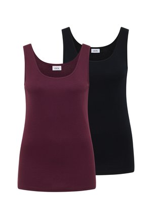 Deux débardeurs en coton sans manches, un bordeaux foncé à l'avant et un noir derrière, tous deux avec des encolures rondes et des étiquettes de marque.