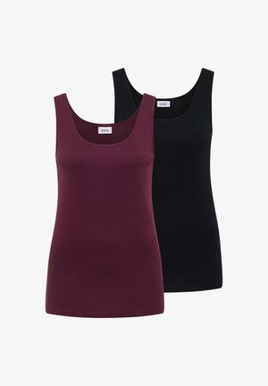 Deux débardeurs en coton sans manches, un bordeaux foncé à l'avant et un noir derrière, tous deux avec des encolures rondes et des étiquettes de marque.