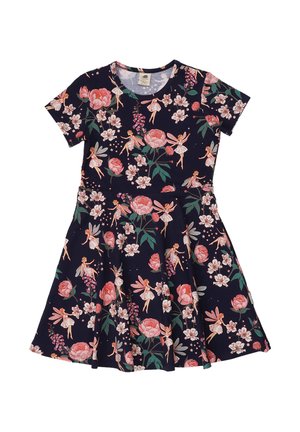 Marineblaues kurzärmeliges Kleid mit pinkem Blumen- und Feenmuster, rundem Halsausschnitt, taillierter Passform und ausgestelltem Rock.