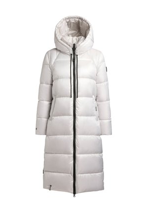 Lehký péřový kabát v barvě slonové kosti, s kapucí, zavíráním na zip a černými doplňky. Design zahrnuje prošívané části a dlouhé rukávy.