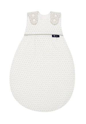 White sleep sack with geometric pattern, round shape, grey accents, buttoned shoulder straps, and a small brand label at the bottom.