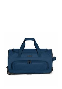 Borsa da viaggio a rotelle blu navy con maniglie doppie, tasca frontale con cerniera e tracolla laterale, nome del marchio "REDOLZ" sul pannello frontale.