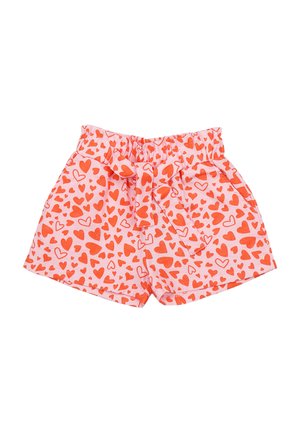 Rosa Shorts mit elastischem Bund und Schleife, bedeckt mit roten Herzmustern in verschiedenen Größen.