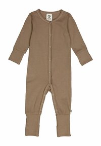 Body marrone a maniche lunghe realizzato in cotone a coste. Presenta un collo rotondo, bottoni a scatto sul davanti e gambe con piedi e maniche con polsini.