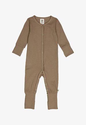 Brauner Langarm-Overall aus geripptem Baumwollstoff. Mit Rundhalsausschnitt, Druckknöpfen auf der Vorderseite und Füßen mit Bündchen.