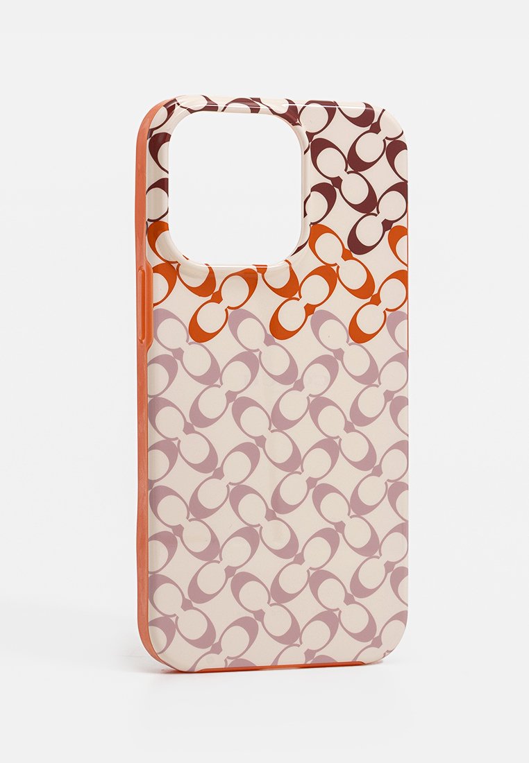 Coque de téléphone avec un motif de chaîne circulaire superposée dans des nuances de violet, d'orange et de marron sur un fond beige, conçue pour un grand découpage de caméra.