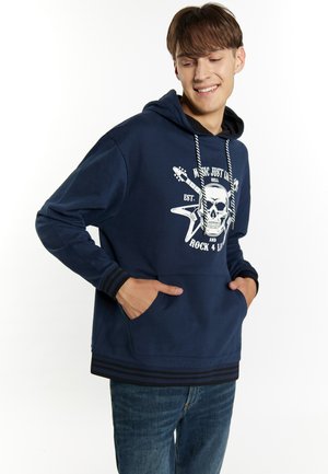 Marineblaue Kapuzenjacke mit Grafikdruck, der ein Skelett und eine Gitarre zeigt, verstellbare Kordelzüge, frontale Tasche sowie gerippte Bündchen und Saum.