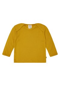 Maglietta a maniche lunghe a costine di colore giallo senape. Presenta un collo rotondo e bottoni sulle spalle. Tessuto morbido e testurizzato. Etichetta visibile all'orlo.
