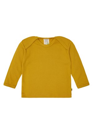 Maglietta a maniche lunghe a costine di colore giallo senape. Presenta un collo rotondo e bottoni sulle spalle. Tessuto morbido e testurizzato. Etichetta visibile all'orlo.