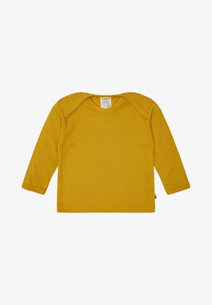 Langärmliges Rippenshirt in Senfgelb. Mit Rundhalsausschnitt und Druckknöpfen an der Schulter. Weiches, strukturiertes Material. Etikett am Saum sichtbar.