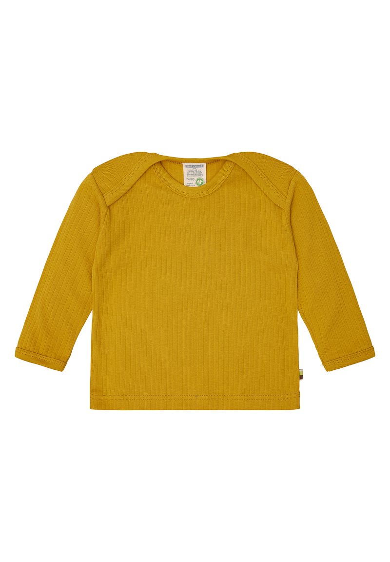 Maglietta a maniche lunghe a costine di colore giallo senape. Presenta un collo rotondo e bottoni sulle spalle. Tessuto morbido e testurizzato. Etichetta visibile all'orlo.