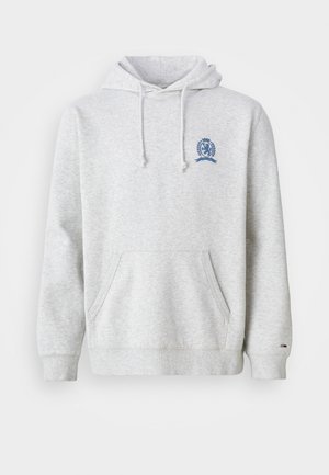 Grauer Baumwollhoodie mit einer Fronttasche, Kapuze mit Kordelzug und einem blauen Emblem-Detail auf der linken Brust. Gerippte Bündchen und Saum.