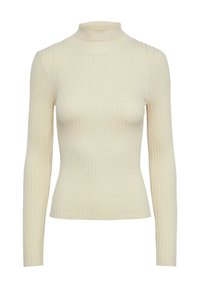 Ribbad, långärmad polotröja i krämfärg, med en figursydd design och mjuk textur, perfekt för lager-på-lager eller att bära ensam.