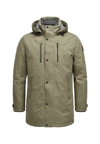 Olivgrüne Parkajacke mit Kapuze, ausgestattet mit Reißverschluss-Brusttaschen, Druckknopfverschlüssen und einer glatten Stoffbeschaffenheit. Lange Ärmel und gerader Schnitt.