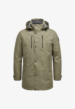 Olivgrüne Parkajacke mit Kapuze, ausgestattet mit Reißverschluss-Brusttaschen, Druckknopfverschlüssen und einer glatten Stoffbeschaffenheit. Lange Ärmel und gerader Schnitt.