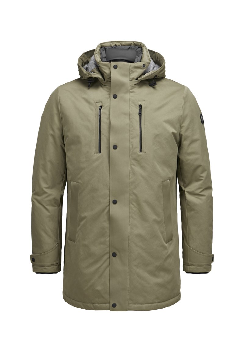 Olivgrüne Parkajacke mit Kapuze, ausgestattet mit Reißverschluss-Brusttaschen, Druckknopfverschlüssen und einer glatten Stoffbeschaffenheit. Lange Ärmel und gerader Schnitt.
