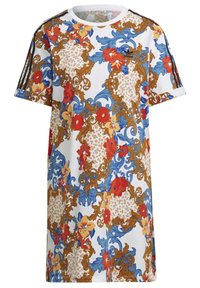 Korte mouw jurk in het wit, met een bloemenpatroon in rode, blauwe en gouden krullen. Bevat zwarte strepen op elke schouder.