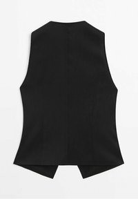Svart ärmlös väst med hög krage, med en cinchad rygg och delad fåll för en skräddarsydd siluett. Slät tyg och minimalistisk design.