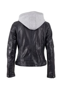 Zwarte leren jas met een grijze capuchon, met een aansluitend ontwerp, een gladde textuur en duurzame stiksels. Inclusief elleboog patches en drukknoopsluitingen.