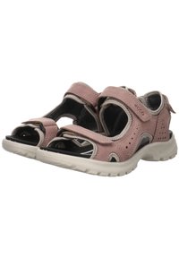 Light pink sandals with adjustable Velcro straps, perforated design, cushioned insoles, and a durable white rubber sole.