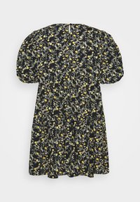 Black floral dress with puff sleeves, featuring a pattern of yellow and white flowers on a dark background, gathered at the waist.