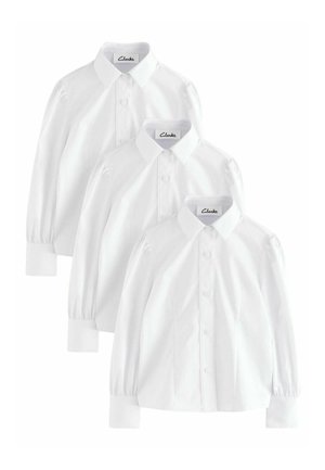 Three white long-sleeve shirts with a button front, classic collar, and puffed sleeves. Features a subtle pintuck detail along the placket.