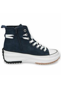 High-top navy suede sneaker with white laces, a side zipper, rubber sole, and a contrasting black and gum sole with a zigzag pattern.