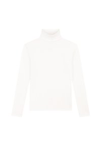 Weißes Langarm-Polo-Shirt aus glattem, elastischem Stoff. Besondere Merkmale sind das enganliegende Design und der hohe Kragen, ohne Muster oder Akzente.