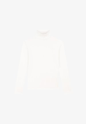 Maglia a manica lunga bianca con collo alto, realizzata in tessuto liscio e elasticizzato. Presenta un design aderente e un collo alto senza fantasie o dettagli decorativi.